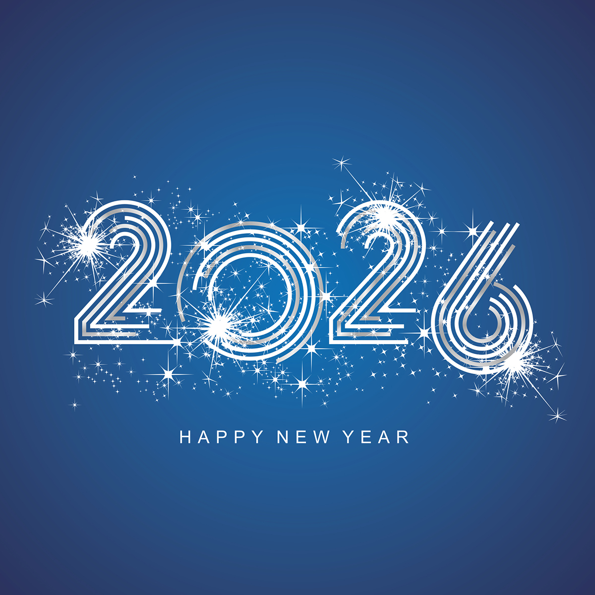 Illustration of the number "2026," in sparkly white numerals on a medium blue background. The words "Happy New Year" appear in small type below the numerals.