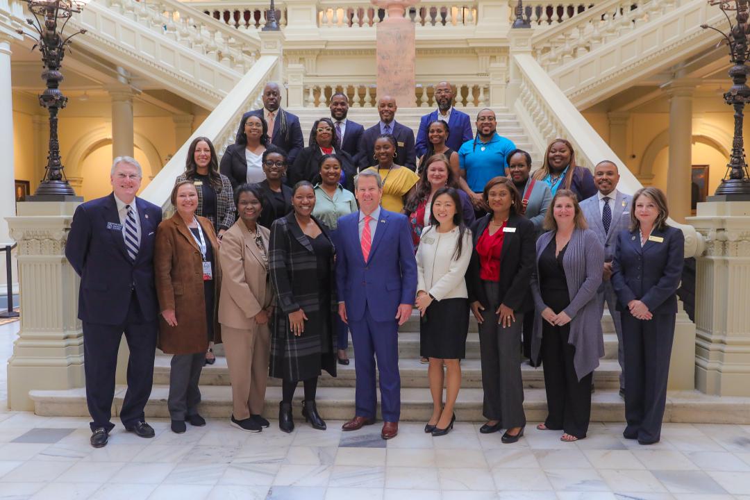 Gov. Brian P. Kemp (center front), Rep. Soo Hong (center front right) and Sen. Mike Hodges (front far left) pose with staff from the Department of Administrative Services Small Business and Supplier Diversity Program, its partner organizations and businesses certified through the new Georgia Business Certification Program at the Georgia Capitol, on March 18, 2024.