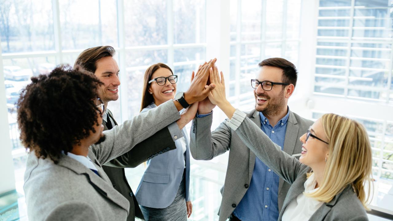 A team of procurement officers high-fives after a successful meeting.