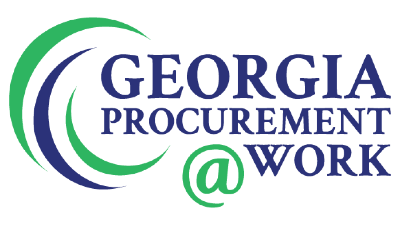 The words &quot;Georgia Procurement @ WORK&quot; appear, with blue and green crescents acting as accents.