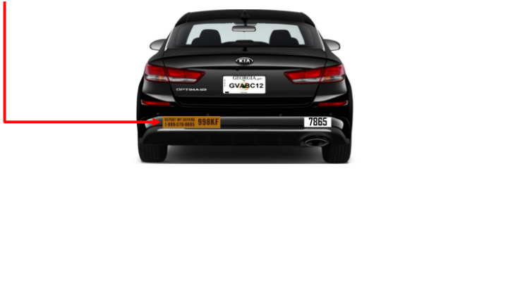 Arrow point to license plate of black sedan vehicle