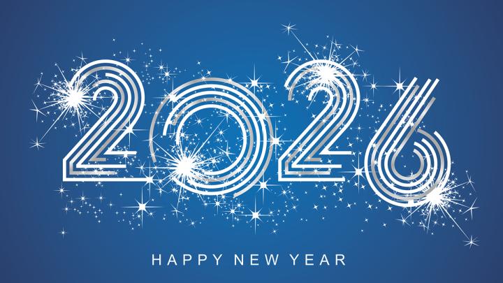 Illustration of the number &quot;2026,&quot; in sparkly white numerals on a medium blue background. The words &quot;Happy New Year&quot; appear in small type below the numerals.