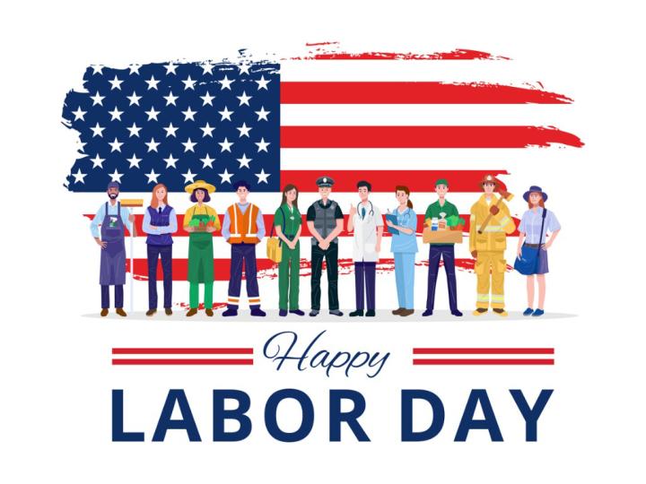 Image of a varied group of workers -- a janitor, a salesperson, a gardener, a construction worker, an EMT, a police officer, a doctor, a nurse, a grocery clerk, a firefighter, and a mail carrier -- in a row in front of a large American flag. The image is captioned, "Happy Labor Day."