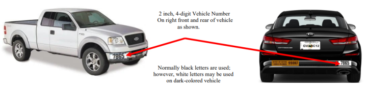 Red arrow pointing to decals on white pick-up truck and black sedan