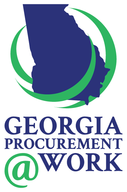 Icon of the state of Georgia in blue, surrounded  by the green swirly arcs. Below are the words, &quot;Georgia Procurement @ WORK.&quot;