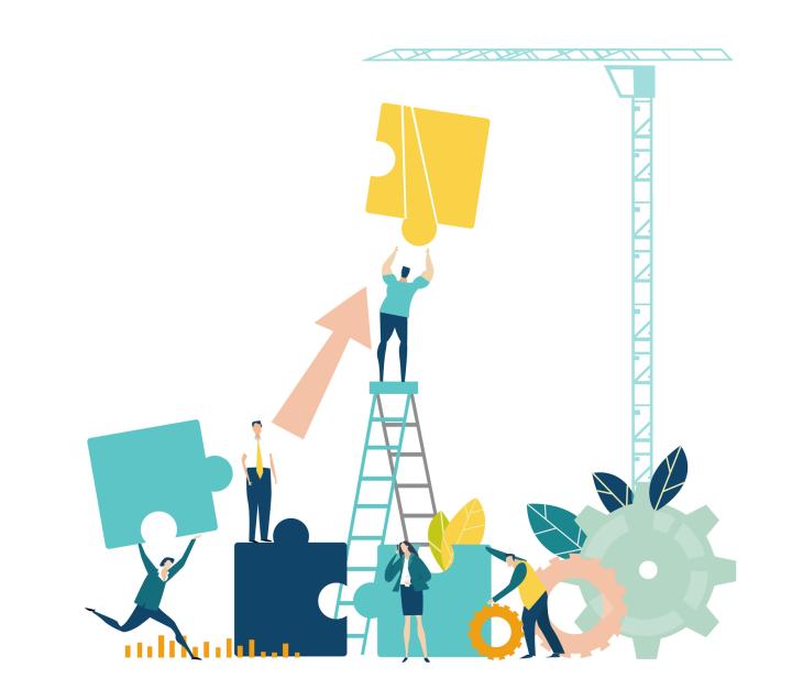 Illustration of a a team of people using a ladder and crane to assemble giant, colorful puzzle pieces.