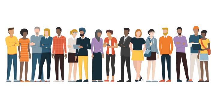 An illustration of a group of sixteen people lined up as though waiting for a job interview. The people are from an assortment of genders and races, and are wearing assorted business casual clothes, but they have no facial features.