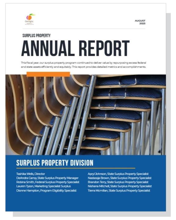 Image of the Surplus Property Division Annual Report, dated August 2025. It features the title, some preview text, and an image of stacked chairs.
