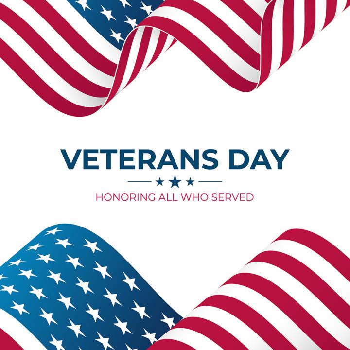 An illustration with waving American flags at top and bottom. In the center, on a white background, are the words "Veterans Day" and "Honoring All Who Served."