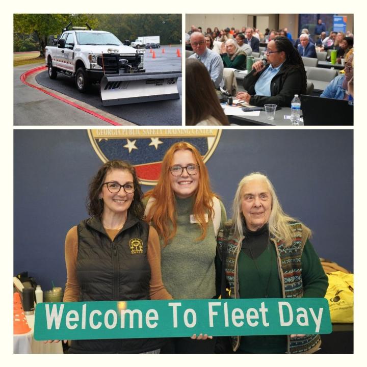A three picture collage with two photos at the top and one across the bottom. Top left photo depicts a GDOT snow plow truck. Top right photo depicts woman holding microphone answering a question while seated in audience at Fleet Day. Photo at the bottom depicts three ladies holding a Street sign that reads "Welcome to Fleet Day". 