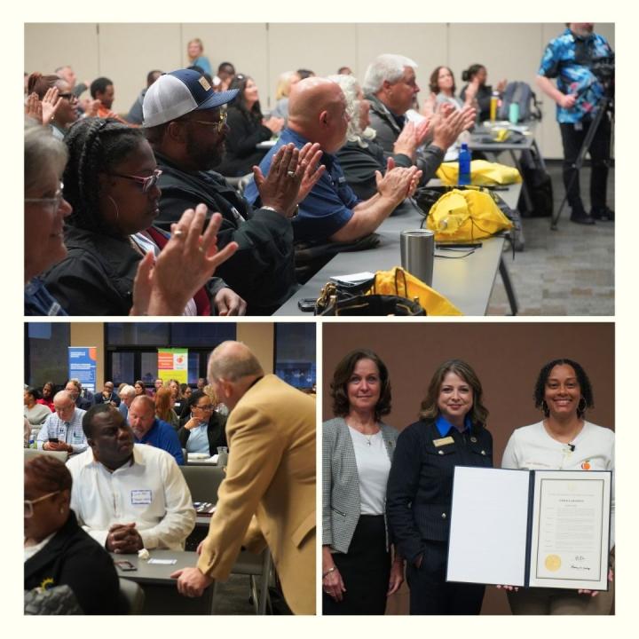 A three picture collage with one photo at the top and two across the bottom. Bottom left photo depicts two individuals talking while at Fleet day. Photo at the bottom right depicts the DOAS Deputy Commissioner Christine Greene, DOAS Commissioner Rebecca Sullivan and Fleet Management Director Jazzmin Randal holding the Governors Fleet Day Proclamation.