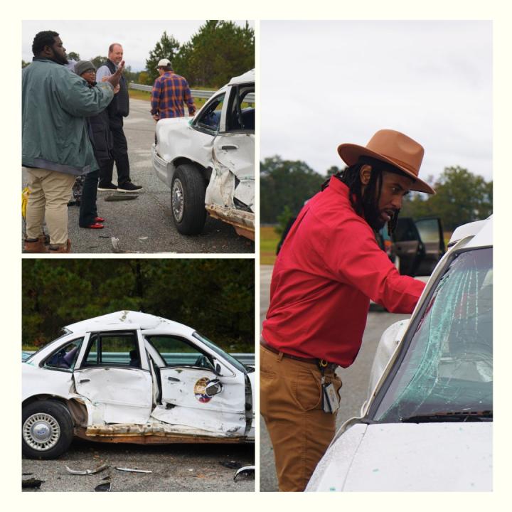 A three picture collage with two photos stacked on the left, and one photo on the right. The top left photo depicts individuals taking pictures of a damaged car on their phones. The bottom left photo depicts a damaged car after a demonstrated crash test on fleet day. The right photo depicts a man taking photos of the inside of the damaged car on his phone. 