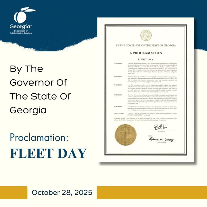 A graphic with a blue and white background. The graphic includes text to the left that reads "By the Governor of the State of Georgia - Proclamation: Fleet Day" The right side of the graphic shows a screenshot of the Fleet Day Proclamation by Governor Brian Kemp. 
