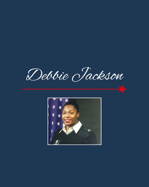 Image of the name Debbie Jackson in a white script on a blue background, above an image of Debbie Jackson in a U.S. Army uniform.