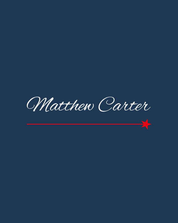 Image of the name Matthew Carter in a white script on a blue background.