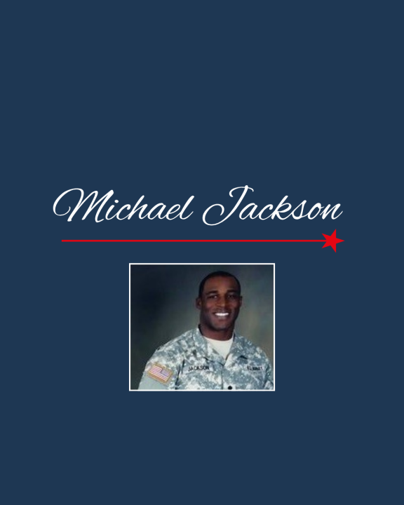 Image of the name Michael Jackson in a white script on a blue background, above a photo of Michael Jackson in a U.S. Army uniform..