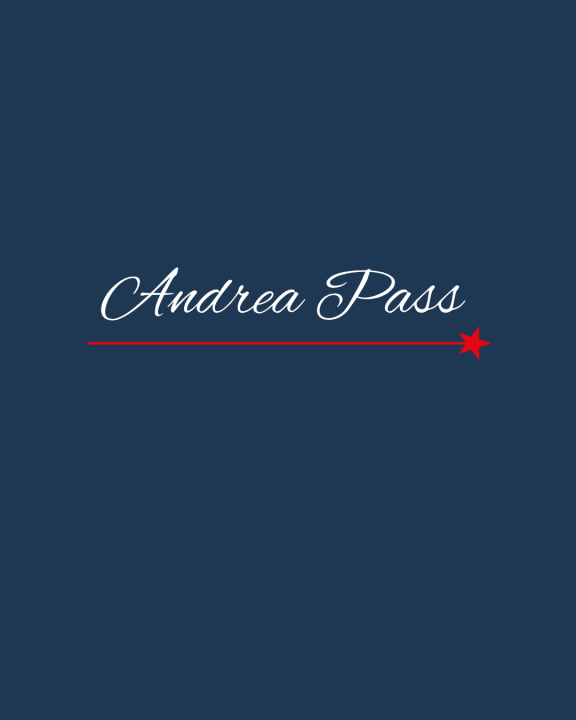 Image of the name Andrea Pass in a white script on a blue background.
