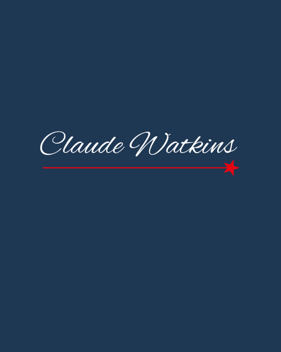 Image of the name Claude Watkins in a white script on a blue background.