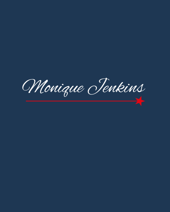 Image of the name Monique Jenkins  in a white script on a blue background.