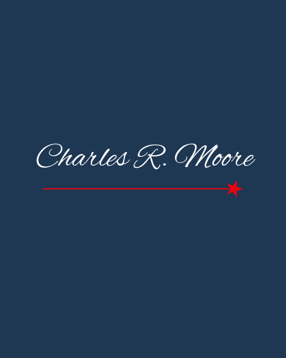Image of the name Charles R. Moore in a white script on a blue background.