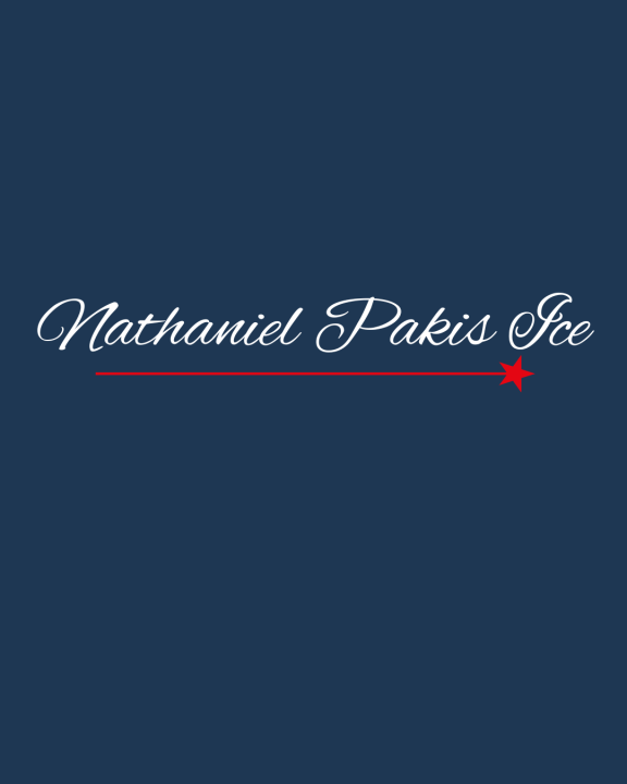 Image of the name Nathaniel Pakis Ice in a white script on a blue background.
