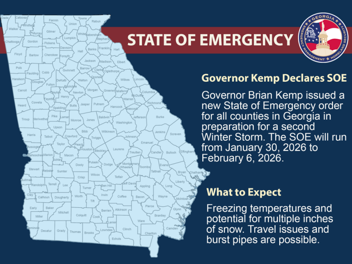 Image graphic of Georgia, with counties outlined. Banner heading reads: "State of Emergency." Text states the state of emergency extends through February 6. Text also states to expect freezing temperatures and multiple inches of snow. Travel issues and burst pipes are possible.