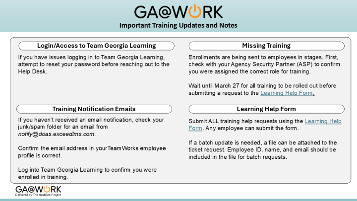 A training notification banner informing users that enrollment for GA@WORK training has begun. The banner notes that users should attempt to reset their passwords before contacting the Help Desk, check their emails for training notifications, contact their Agency Security Partner (ASP) to confirm they were assigned the correct role for training, and to submit all training help requests using the Learning Help Form (https://service.doas.ga.gov/app/LearningHelp).