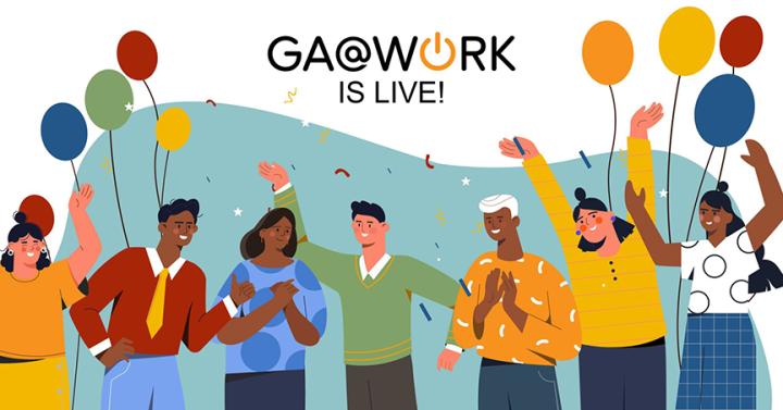 A cartoon drawing of a diverse group of people smiling ,waving their hands, throwing confetti, and holding balloons. A caption reads: "GA@WORK is Live!"